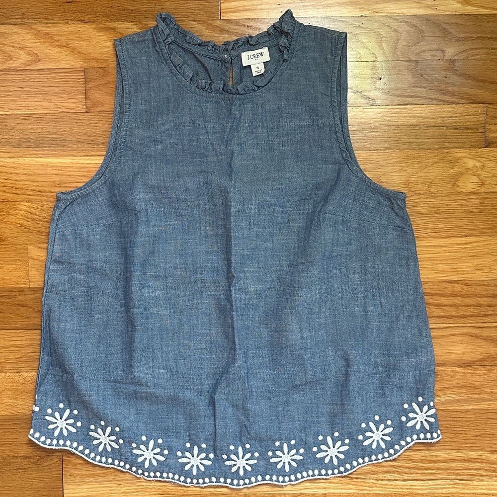 J. Crew Factory Chambray Sleeveless Blouse with White Embroidery